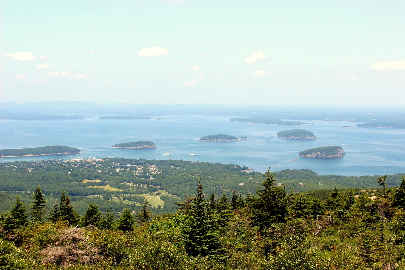 View from Cadillac Mountain in Acadia National Park over conifer forest to Bar Harbor, Frenchman Bay and the wooded Porcupine Islands