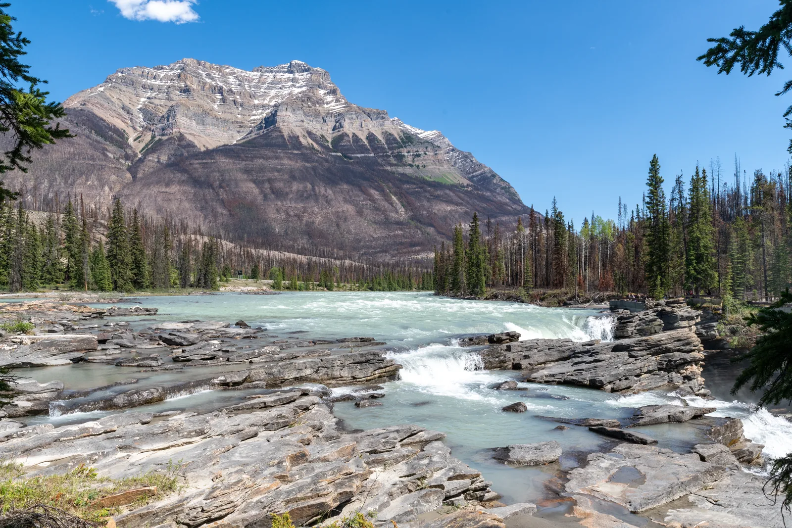 The Athabasca River flows over flat rock ledges towards Athabasca Falls in Jasper National Park, a bare mountain behind