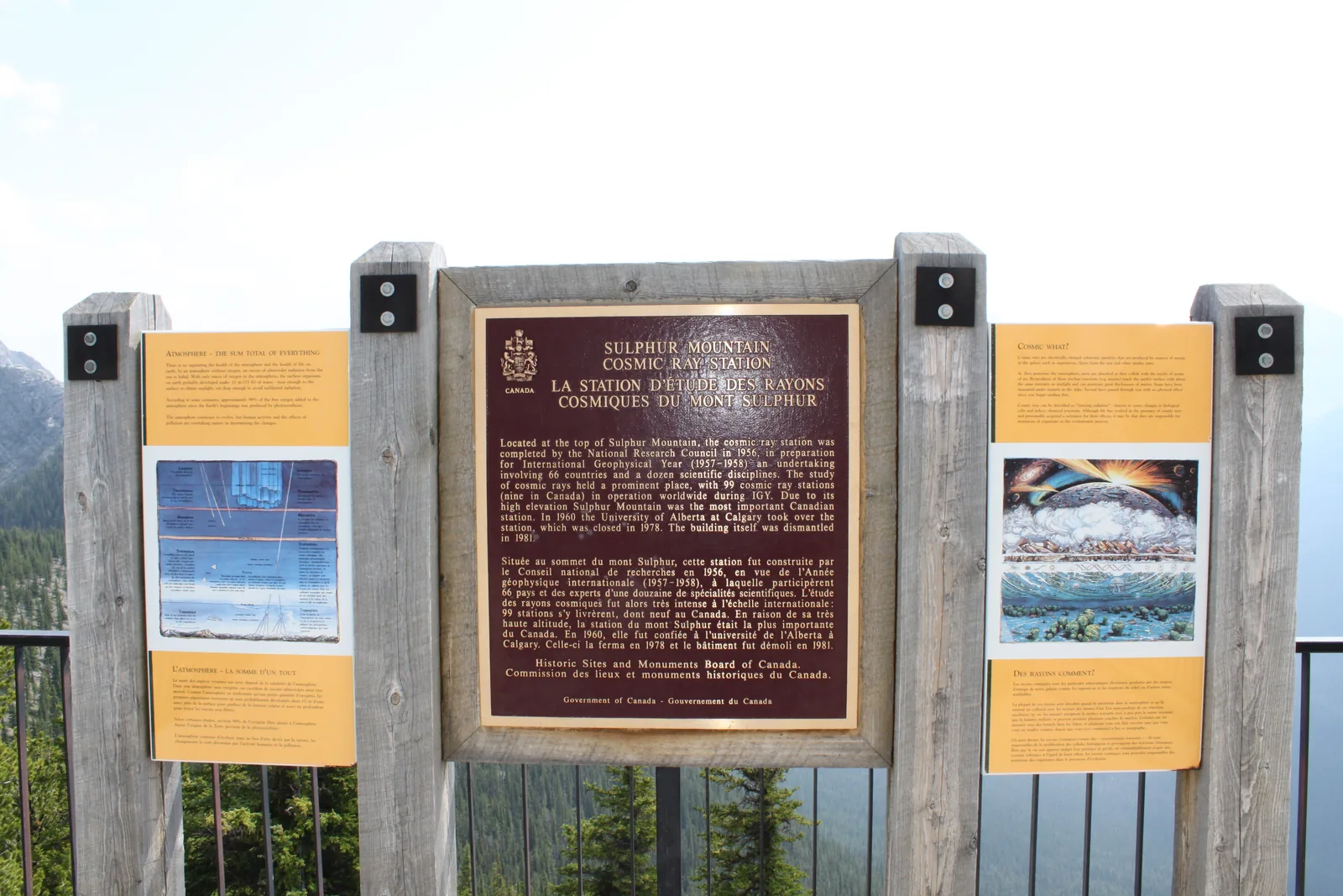Cosmic Ray Station memorial plaque in Banff National Park on Sulphur Mountain with information panels.