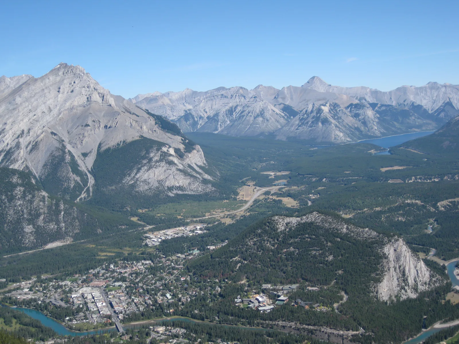 View from Sulphur Mountain in Banff National Park over the town of Banff, the Bow River and the mountains.