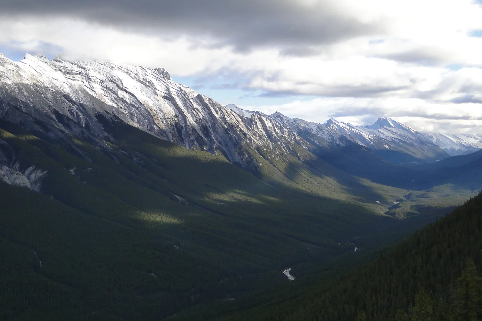 View from Sulphur Mountain in Banff National Park into a wide, forested valley with a snowy ridge.