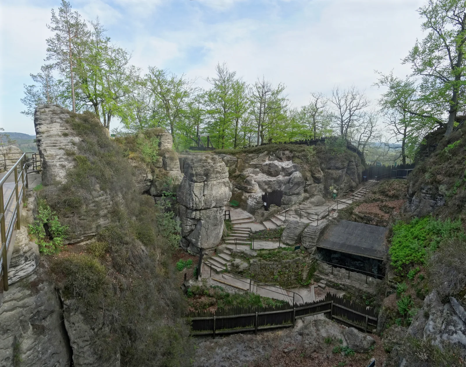 The courtyard of the Neurathen rock castle next to the Bastei Bridge in Saxon Switzerland National Park, with the large cistern
