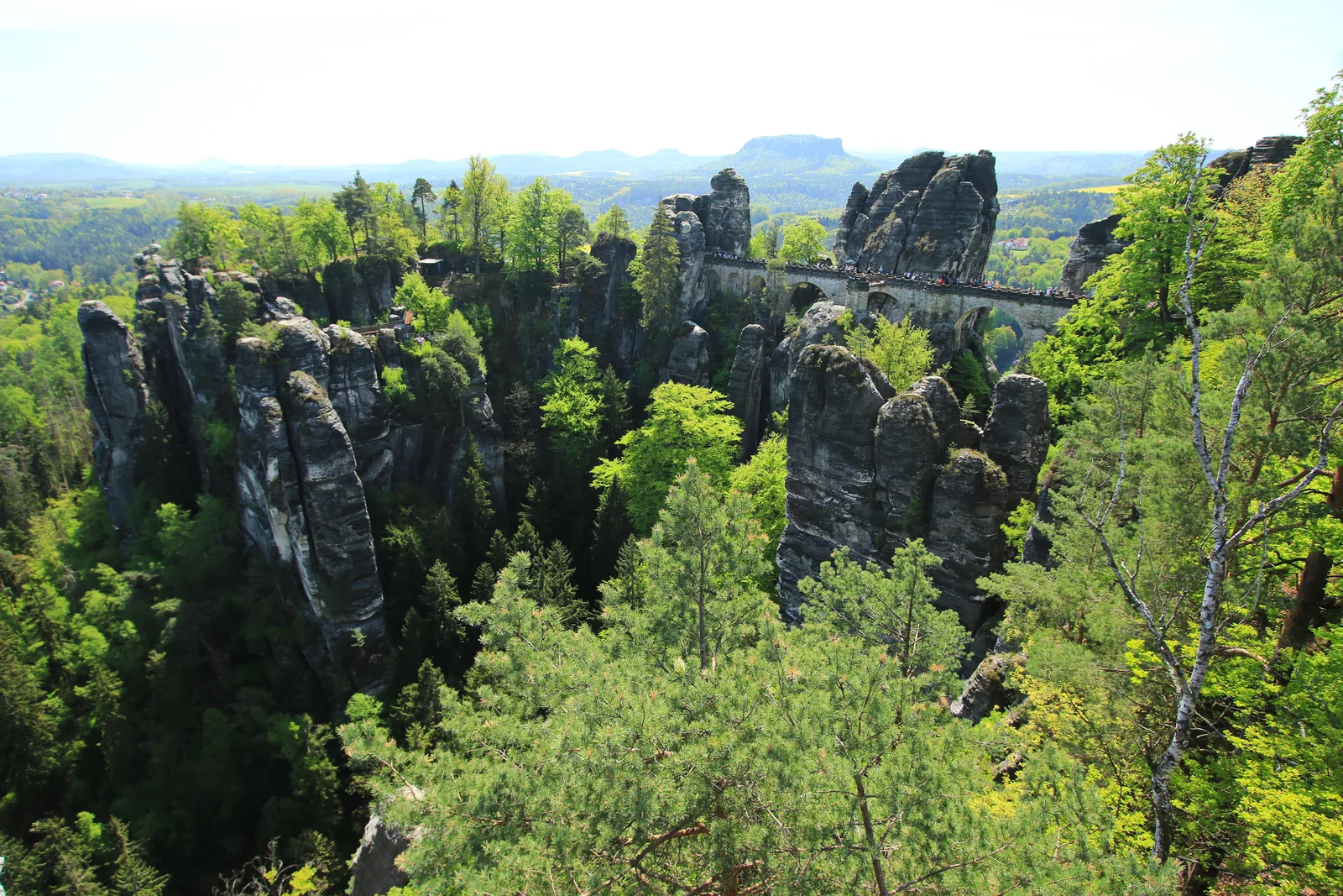 The Bastei Bridge in Saxon Switzerland National Park, photographed between the sandstone rocks