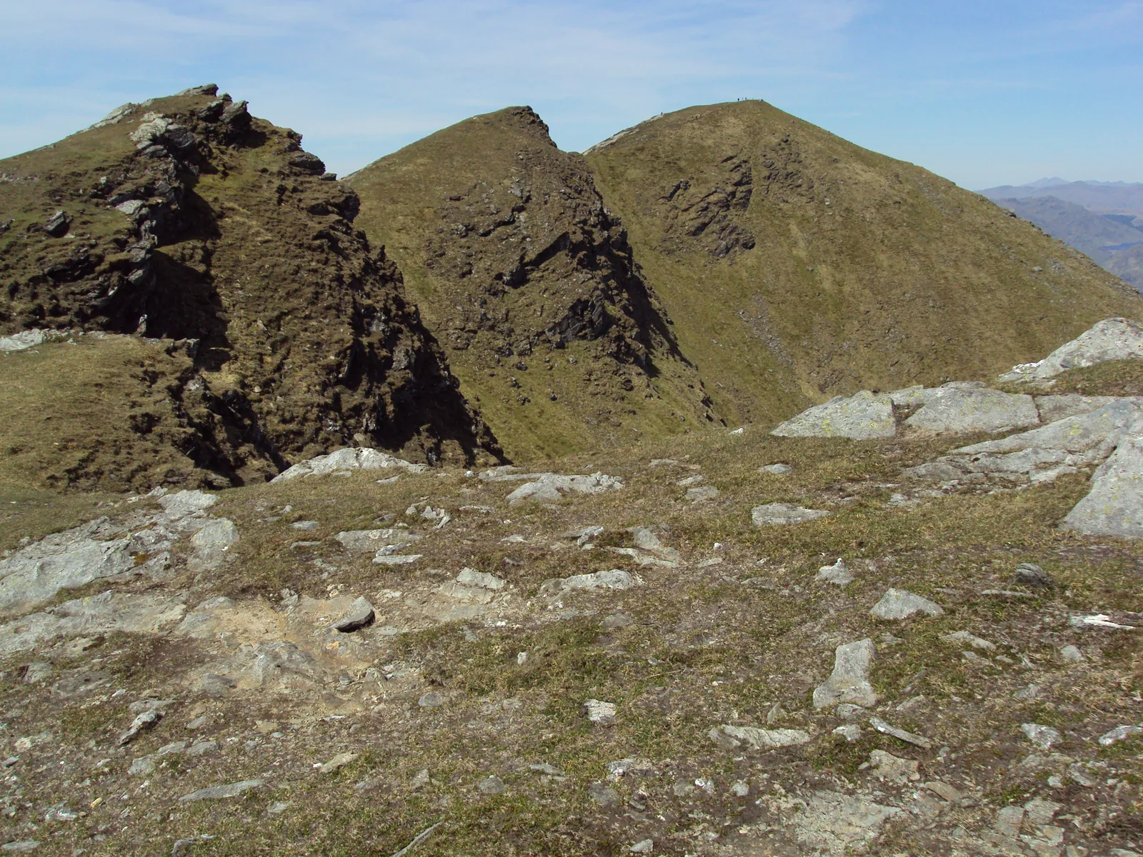 Rocky summit ridges of Ben Lomond in Loch Lomond & The Trossachs National Park under a blue sky