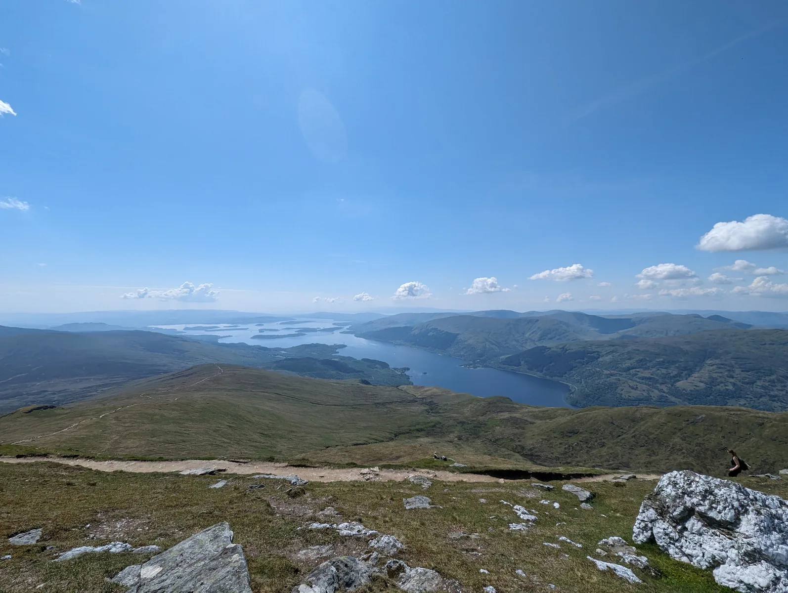 View from Ben Lomond in Loch Lomond & The Trossachs National Park over hills and Loch Lomond to the horizon