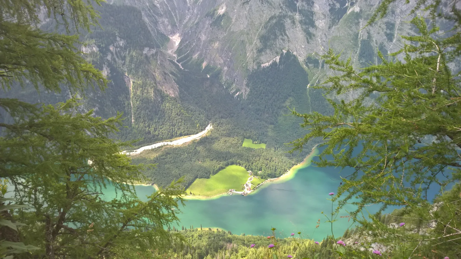 View from the Feuerpalfen viewpoint in Berchtesgaden National Park over Lake Königssee, the Watzmann East Face and St. Bartholomä