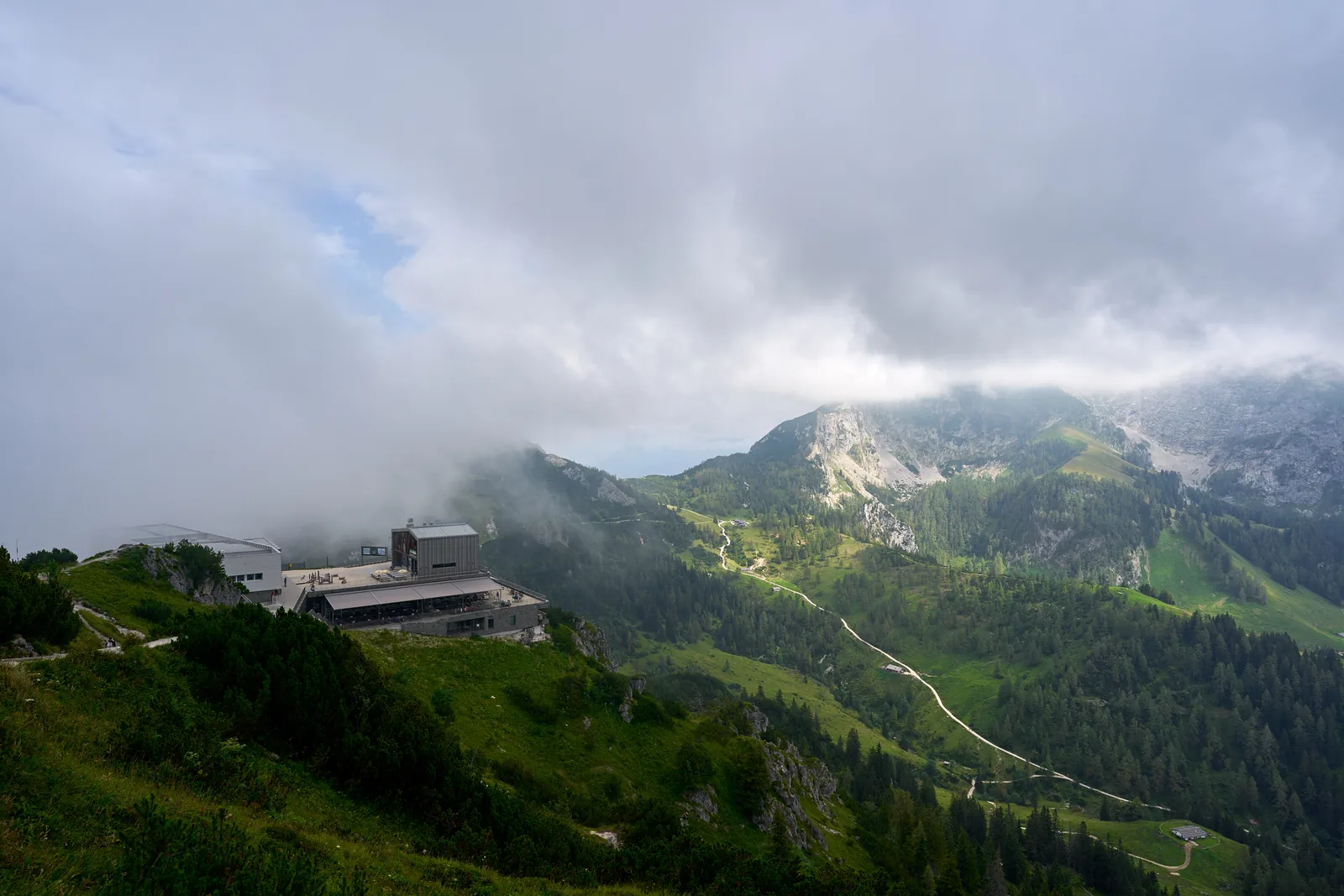 The Jennerbahn top station in fog, seen from the Jenner
