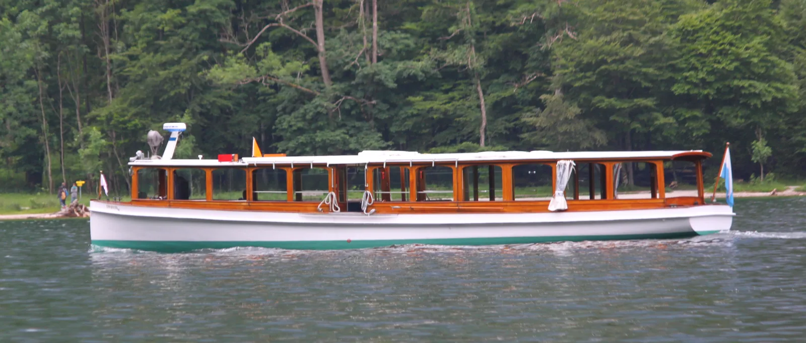 An electric boat of the Königssee boat service in Berchtesgaden National Park, for 92 passengers on the lake