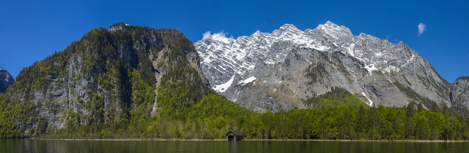 Panorama of Lake Königssee between the steep rock walls of Berchtesgaden National Park