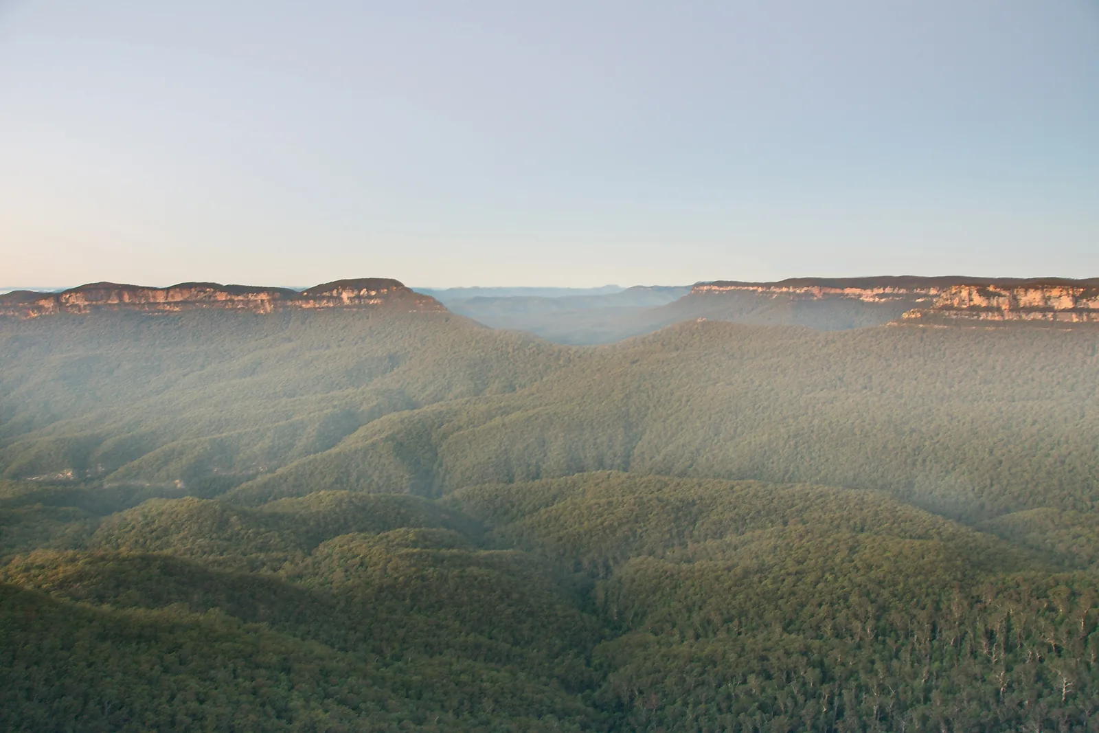 The Jamison Valley in Blue Mountains National Park in the morning: forested hills in the haze, sandstone cliffs on the horizon behind