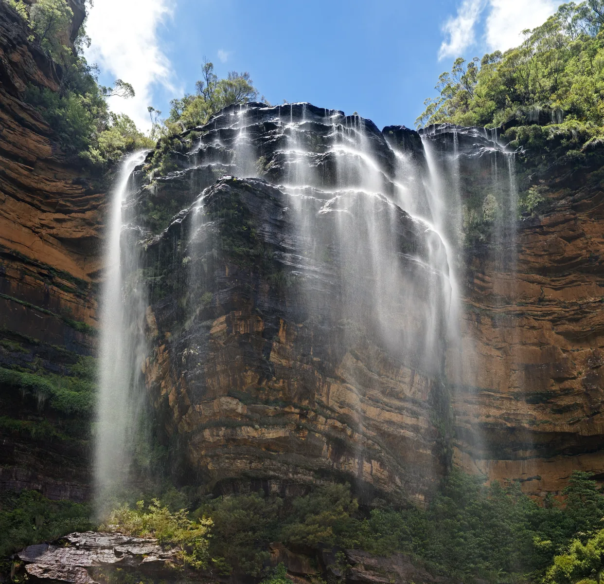 The upper Wentworth Falls in Blue Mountains National Park falling in many strands over a layered sandstone wall, seen from the National Pass