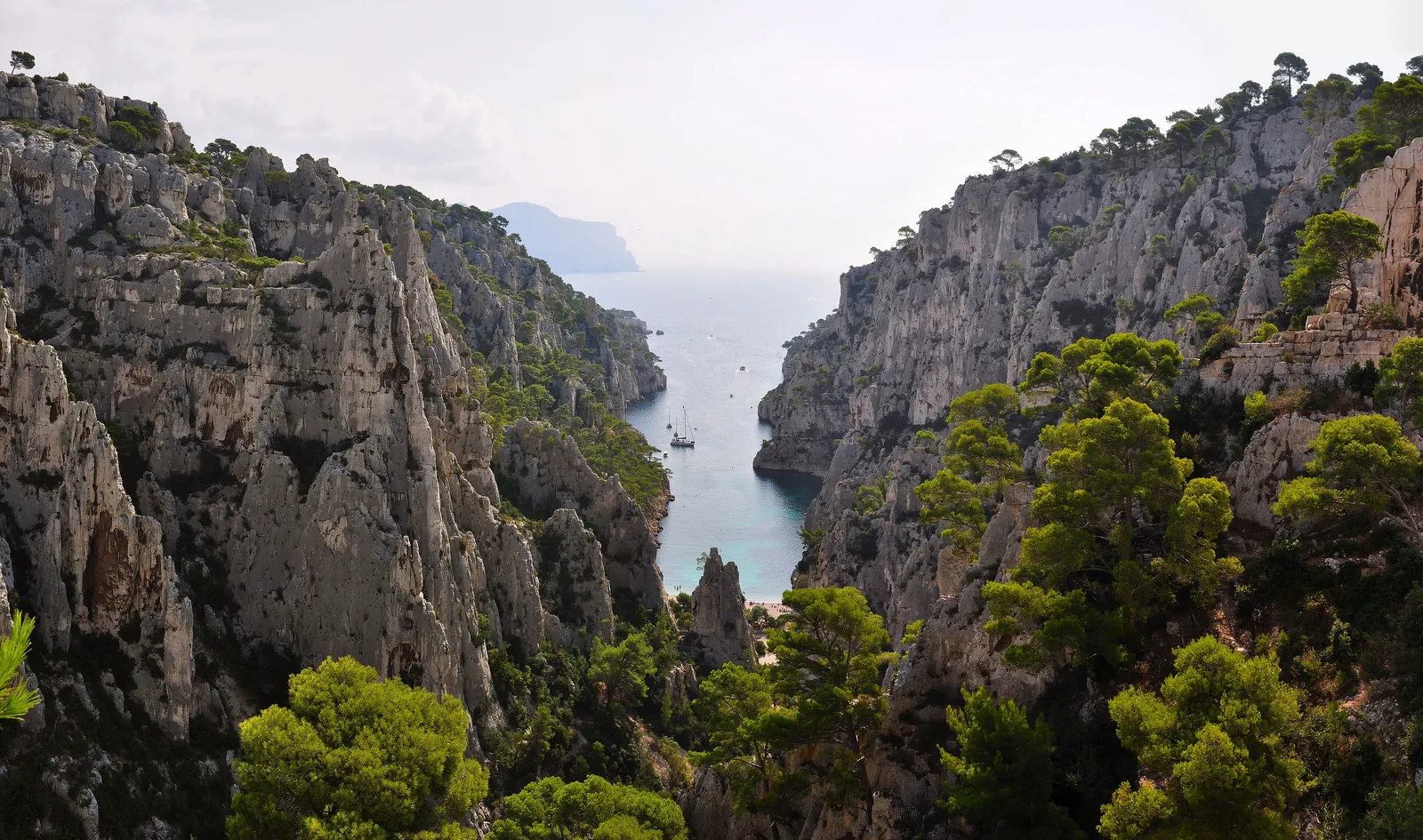 The Calanque d’En-Vau in Calanques National Park from above: green pines on pale limestone walls, the narrow cove with boats below, the sea behind