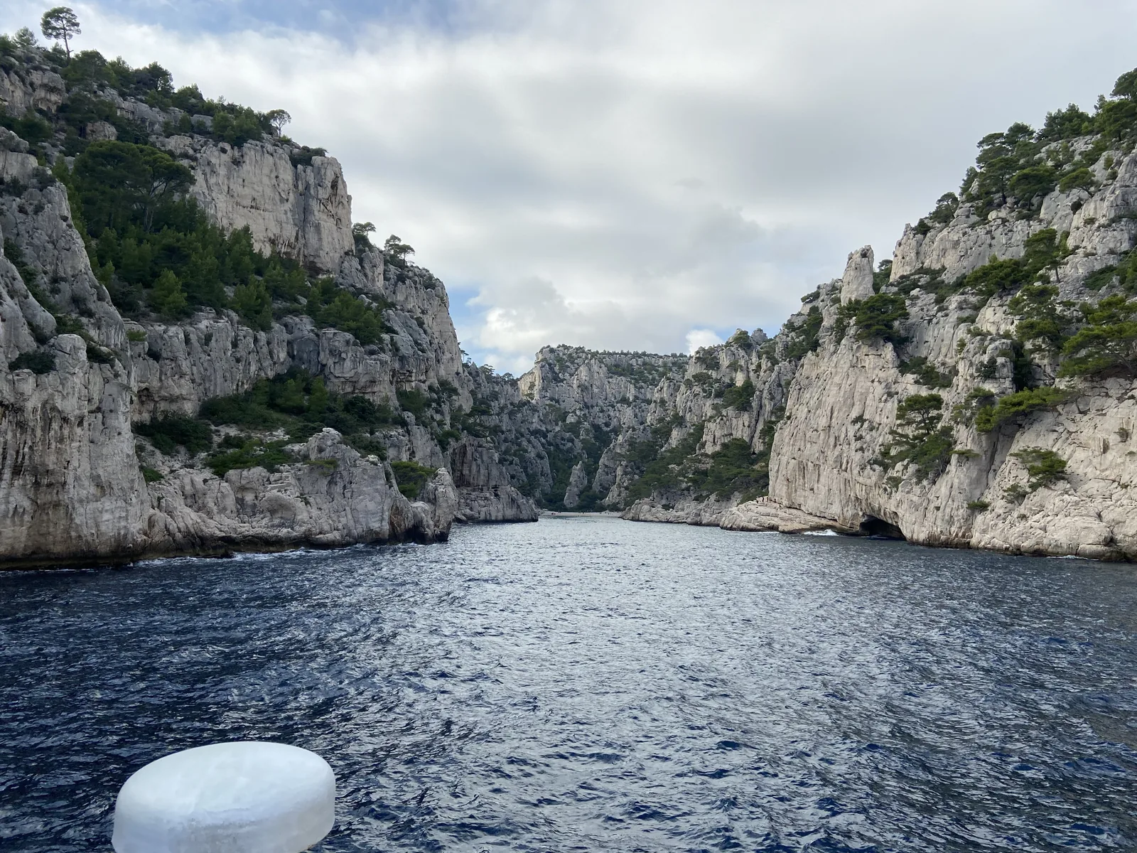 View from an excursion boat into the Calanque d’En-Vau in Calanques National Park: dark water between wooded limestone walls