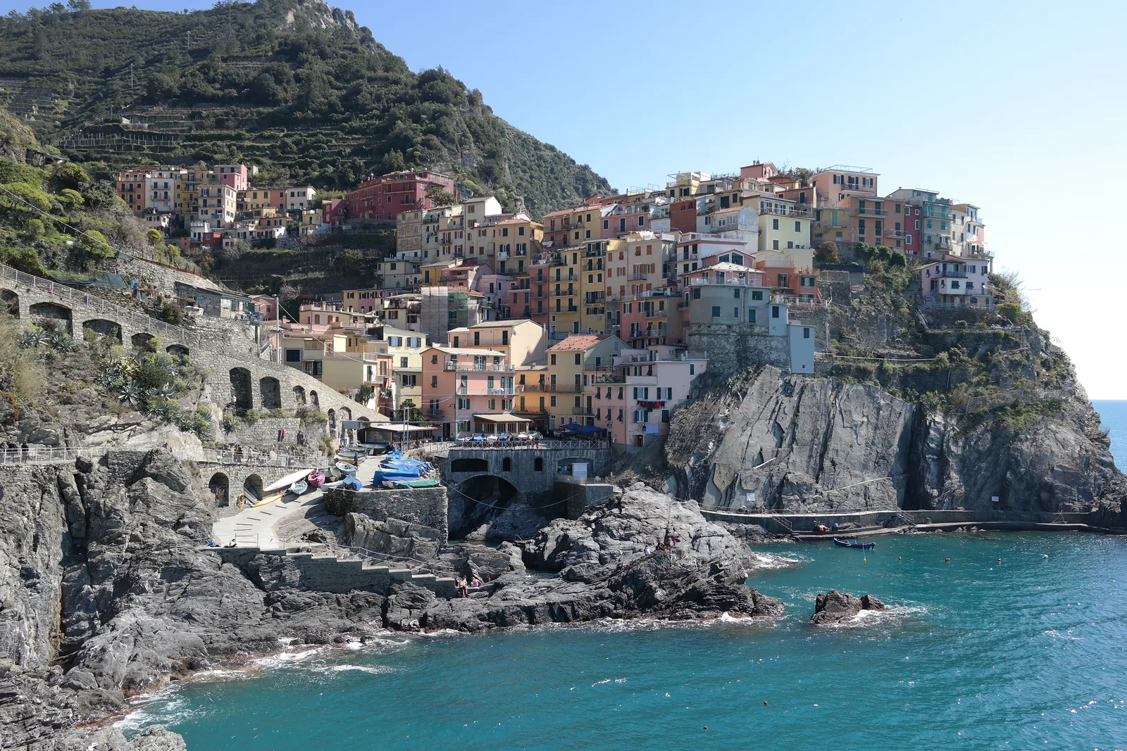 Manarola in Cinque Terre National Park: colourful houses on a dark rock ridge above the sea, with vineyard terraces behind