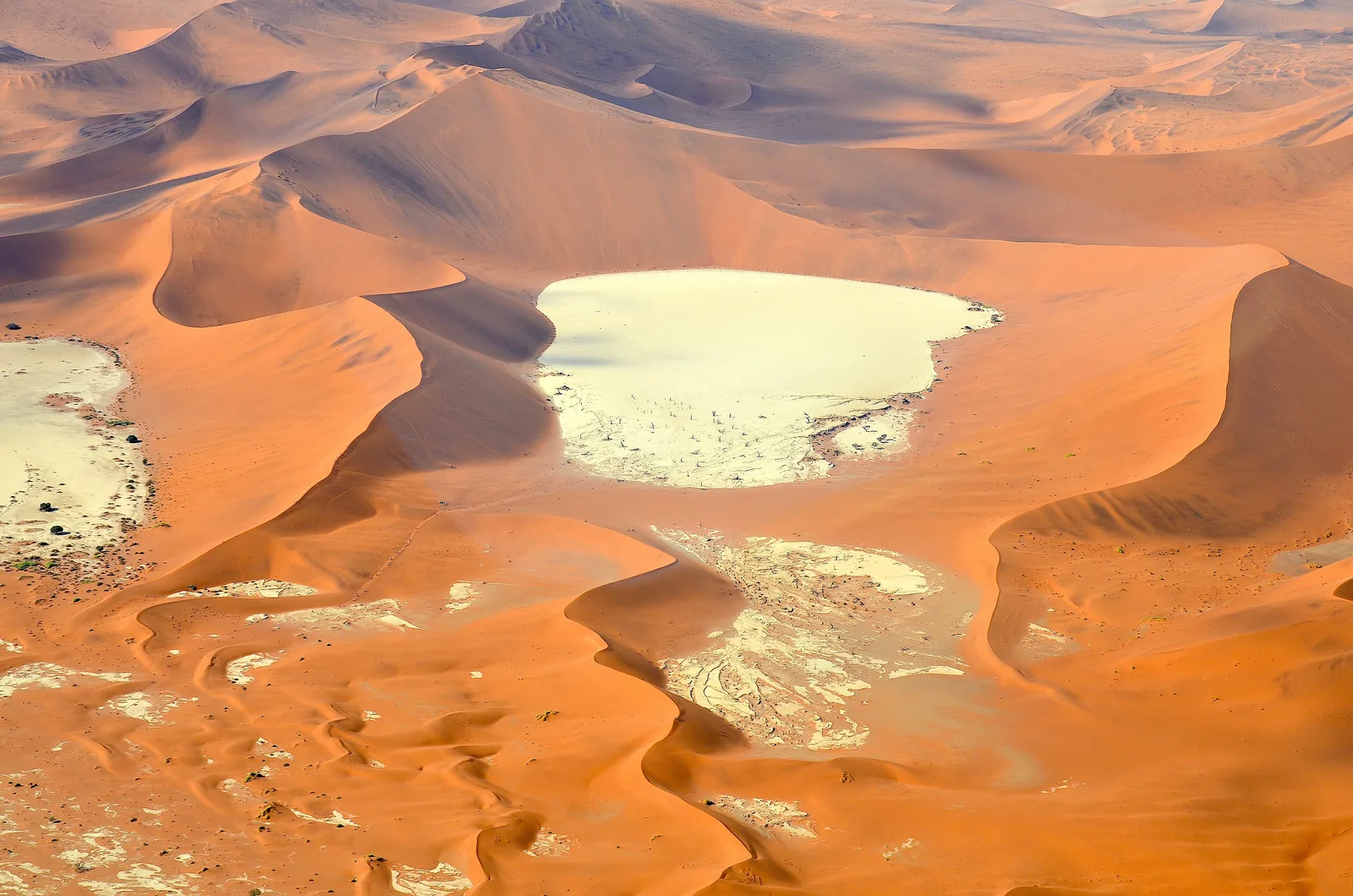 Deadvlei in Namib-Naukluft National Park from the air: a white clay pan with dark dots of trees between red dunes