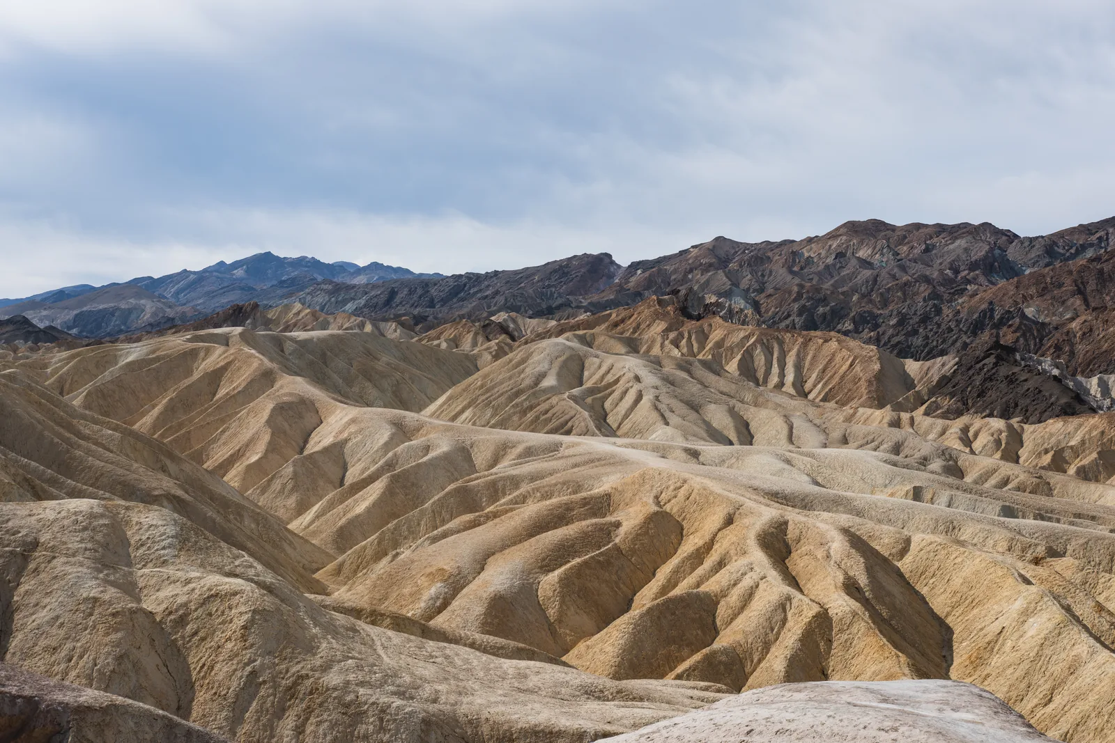 Finely furrowed yellow-brown badlands in Death Valley National Park beneath the dark ridges of the Amargosa Range