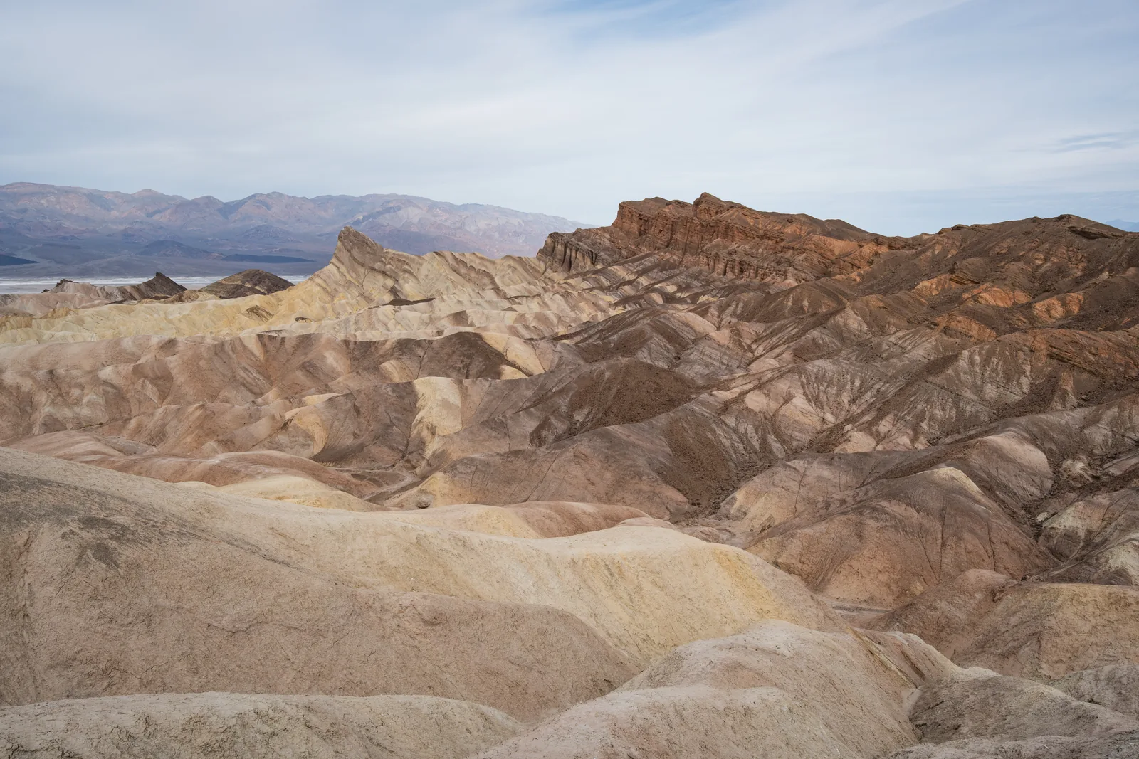 View from Zabriskie Point in Death Valley National Park over furrowed pale badlands, with the red-brown walls of Red Cathedral on the right and the valley behind