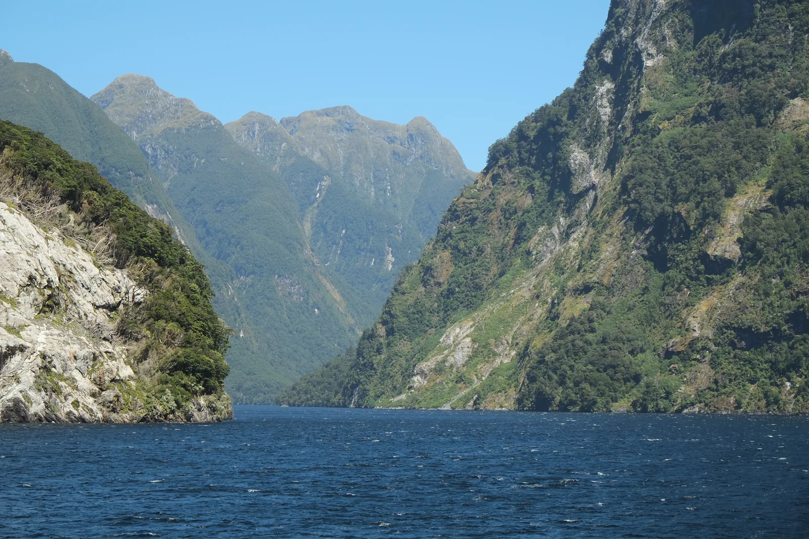 The Crooked Arm of Doubtful Sound in Fiordland National Park: deep blue water between steep, densely forested mountains