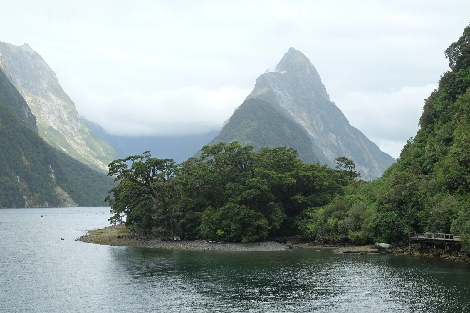 Mitre Peak seen from Freshwater Basin at Milford Sound in Fiordland National Park, with a forested spit in the calm water in front