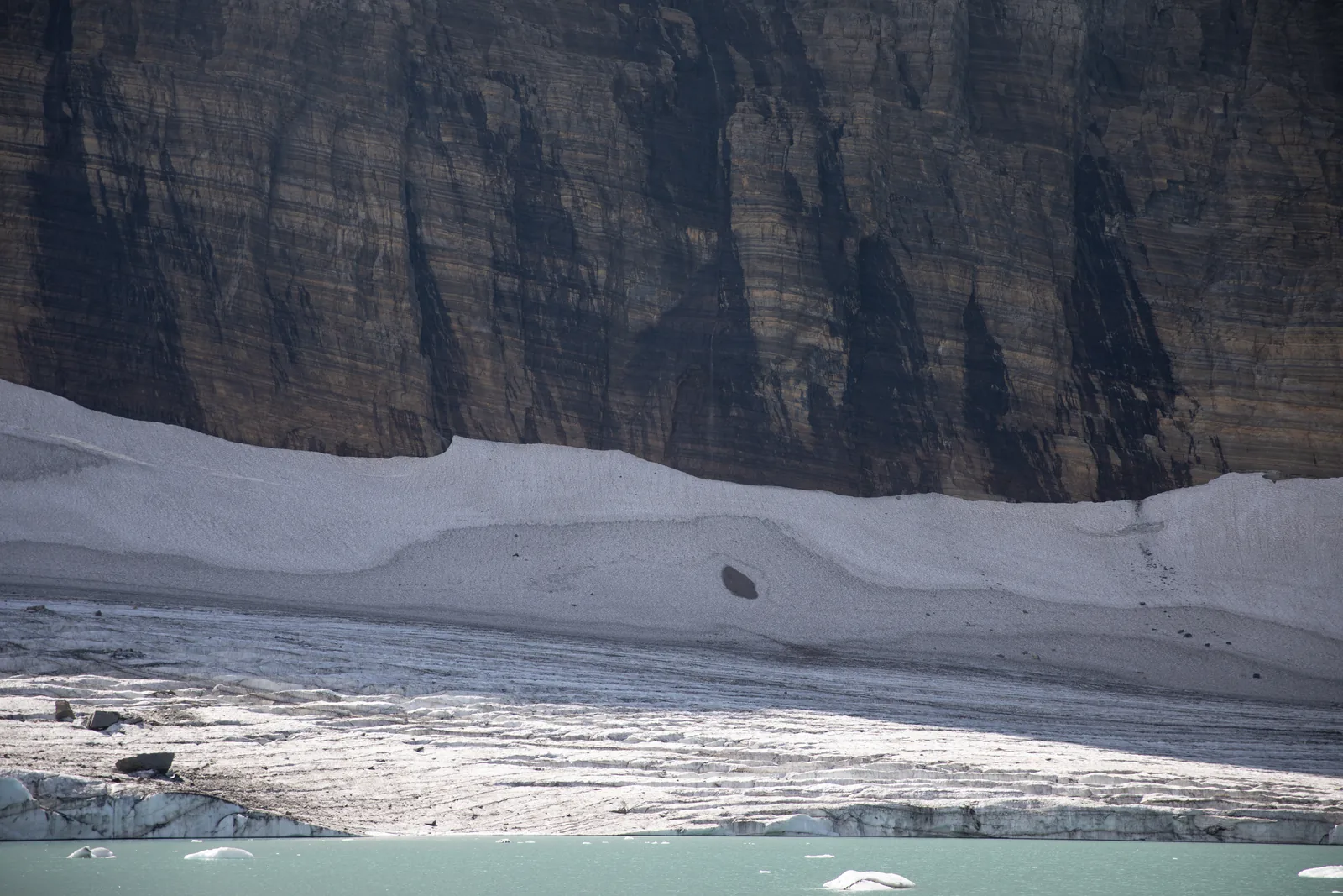 The dirty white ice of Grinnell Glacier in Glacier National Park, Montana, below a dark rock wall, with a meltwater lake full of ice chunks in front