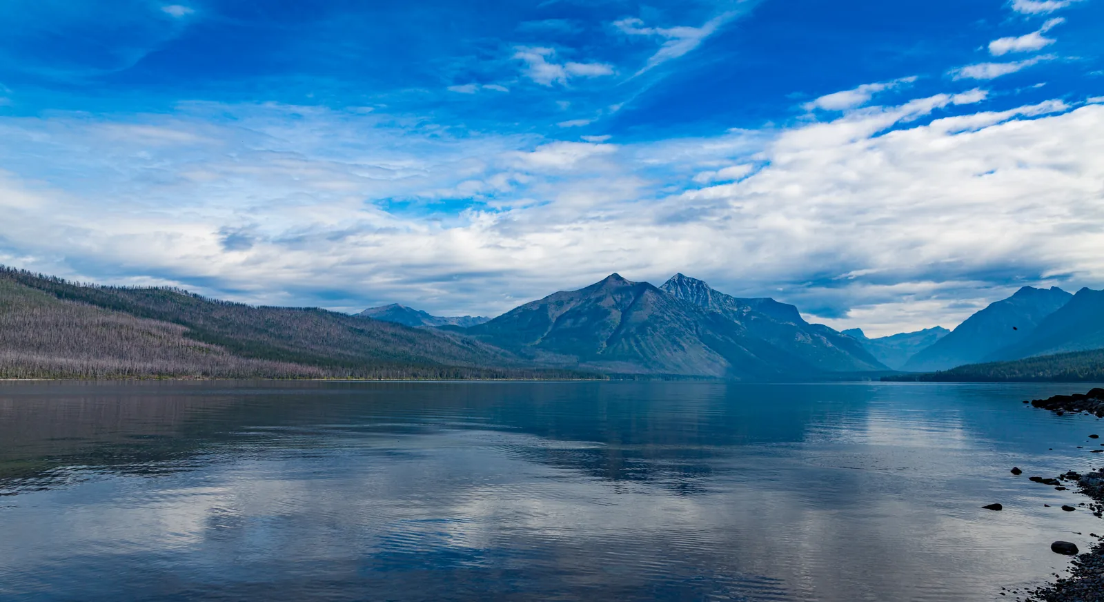 Lake McDonald in Glacier National Park, Montana, with a mirror-smooth surface, wooded shores and mountain peaks under high cloud