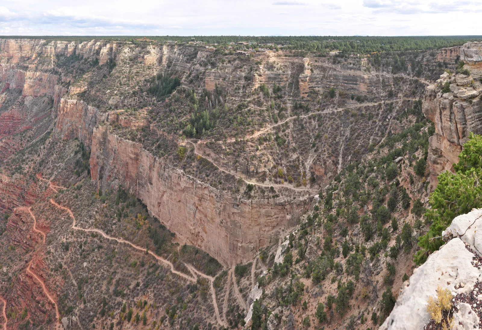 The switchbacks of the Bright Angel Trail in Grand Canyon National Park wind down into the canyon below Grand Canyon Village