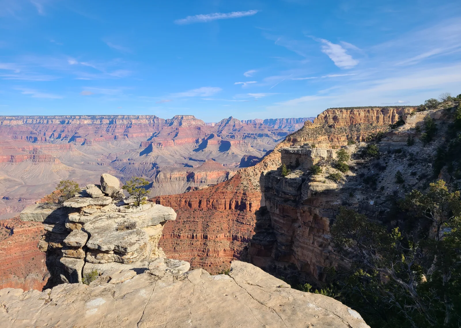 Pale limestone ledge at Mather Point in Grand Canyon National Park, looking across the stepped red terraces