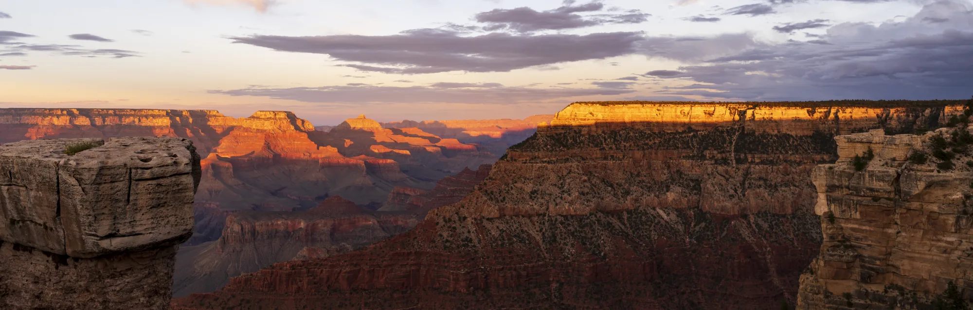 Wide panorama of Grand Canyon National Park from the South Rim in the last evening light