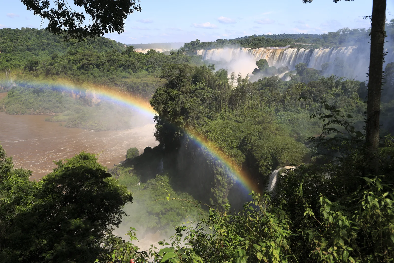 View from the Upper Circuit in Iguazú National Park across forested rocks to a long row of white waterfalls, with a rainbow over the gorge
