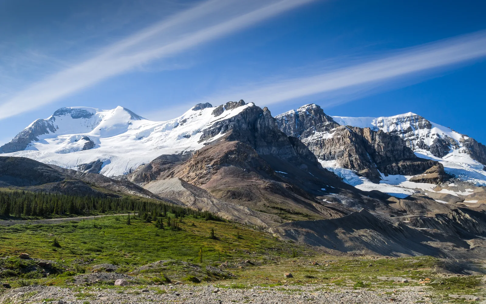 Glaciated peaks at the Columbia Icefield above a green plateau on the Icefields Parkway