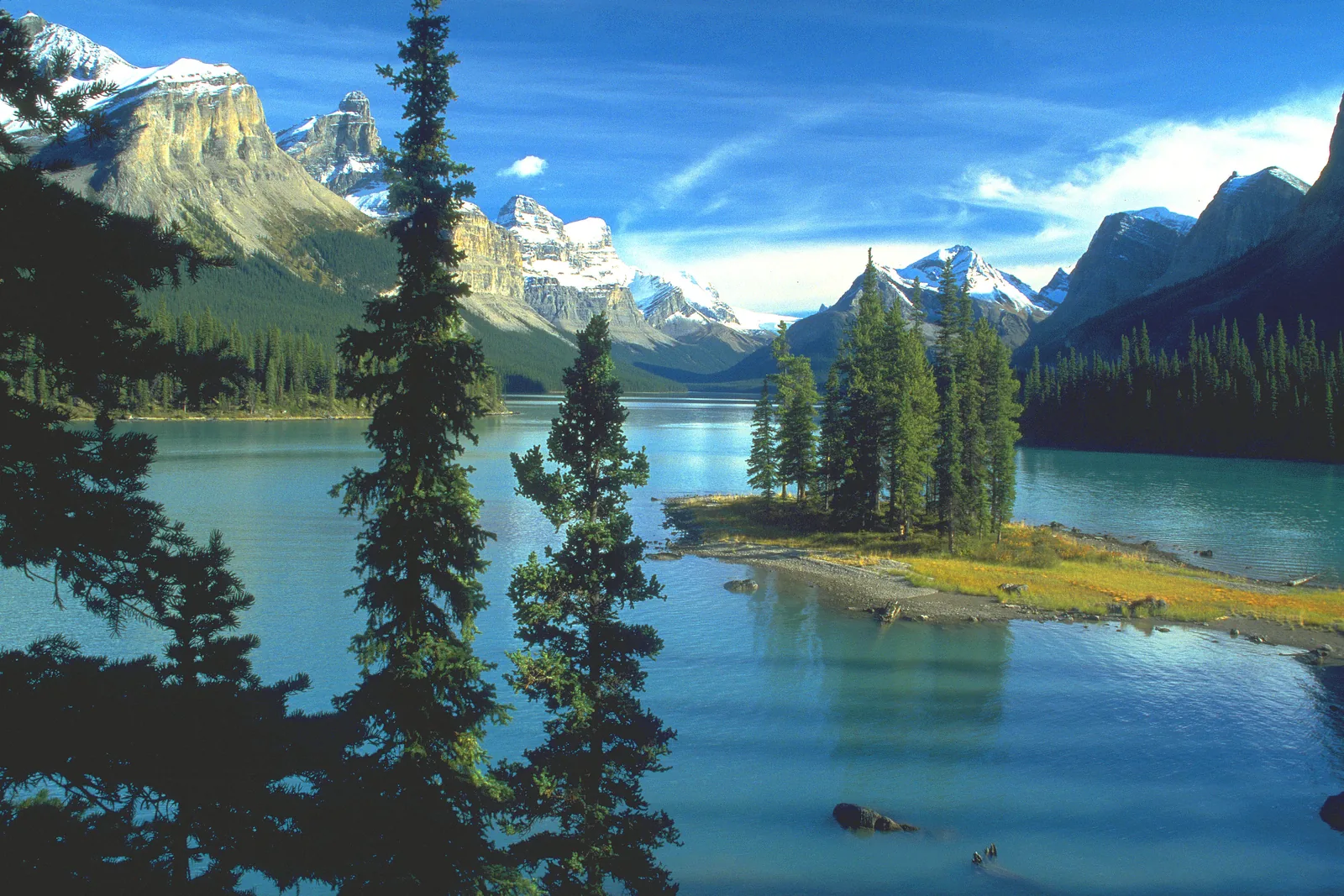Spirit Island with its spruces in turquoise Maligne Lake below the mountains of Jasper National Park