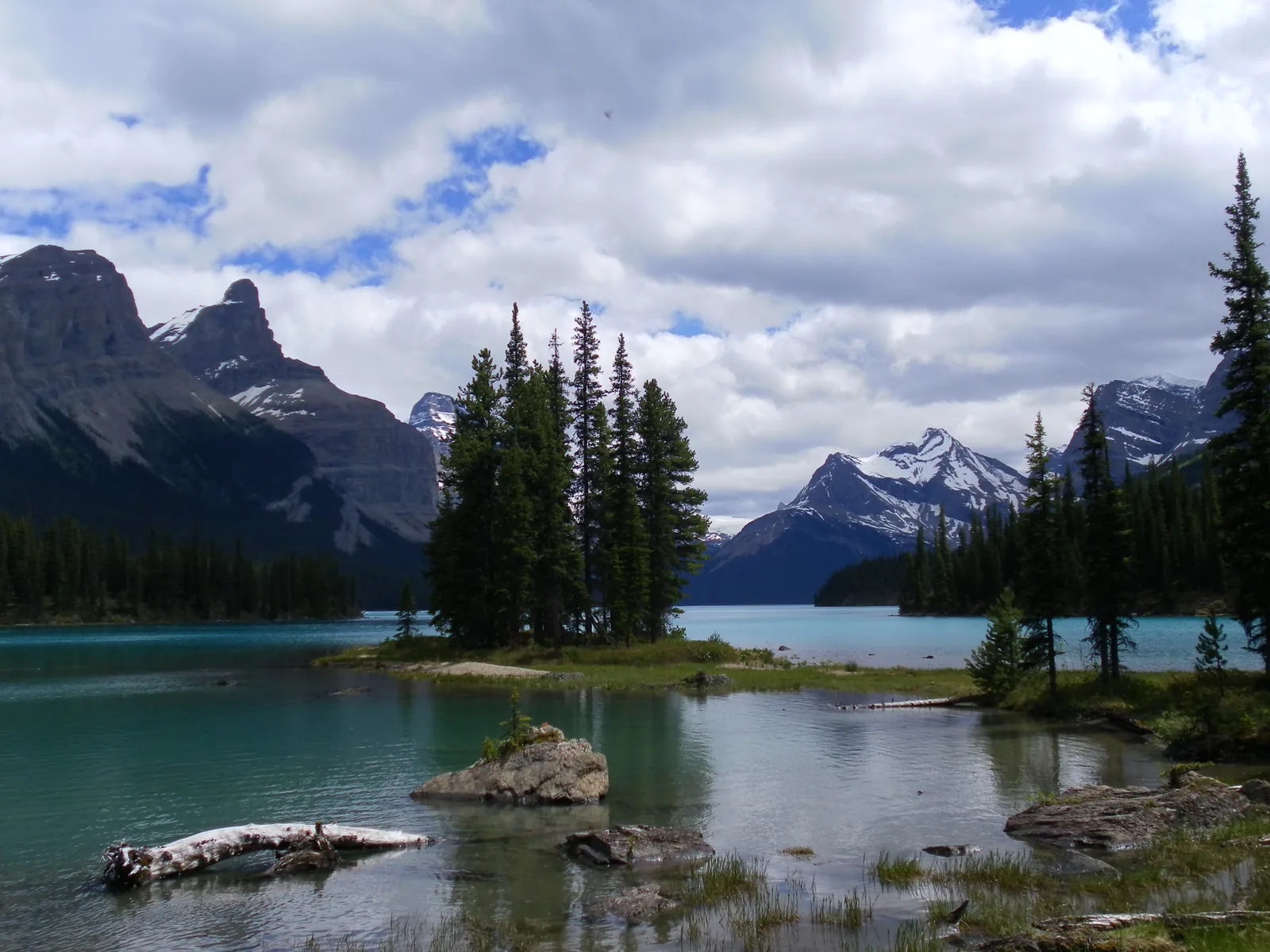 Spirit Island in Jasper National Park with spruces, stones in shallow water in the foreground