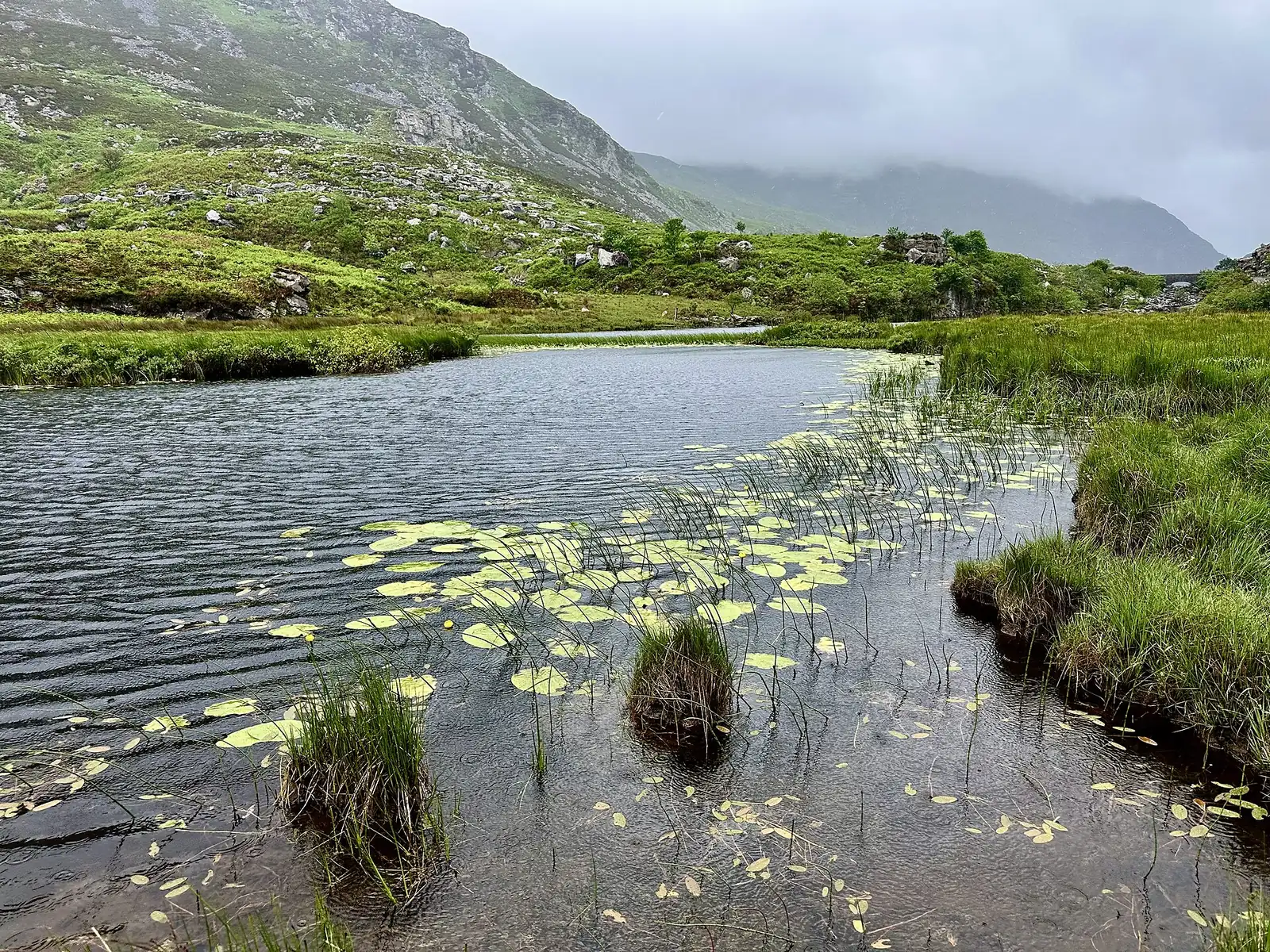 The road through the Gap of Dunloe near Killarney in spring, between green slopes and rocks