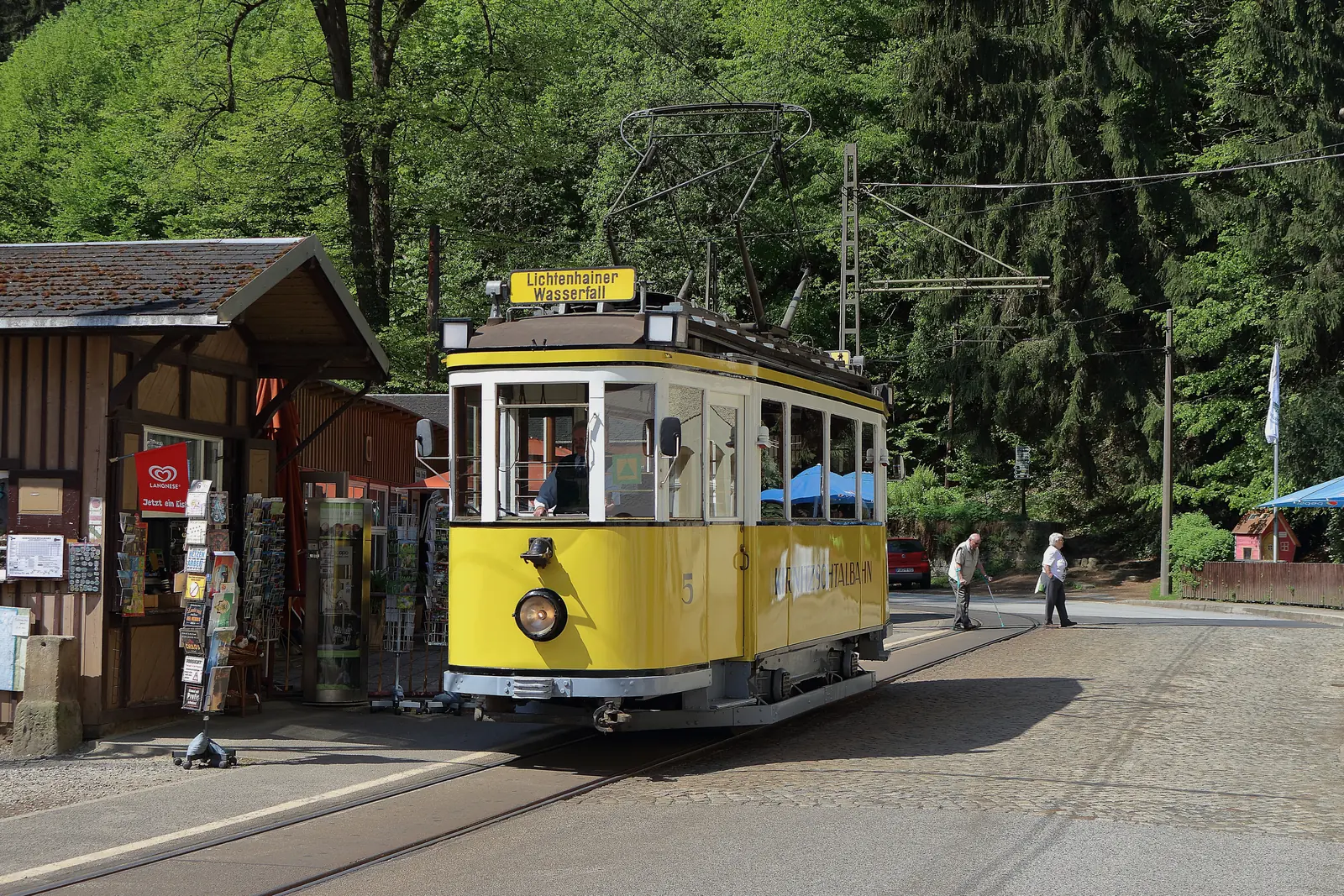 Historic Kirnitzschtal tram car at the Lichtenhain Waterfall terminus in the Kirnitzschtal