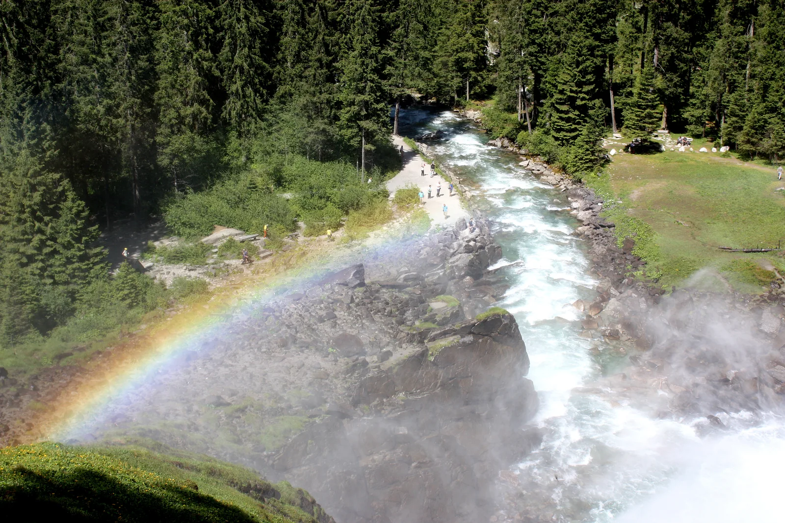 Rainbow in the spray above the Krimmler Ache at the lower Krimml Waterfall, visitors on the path below