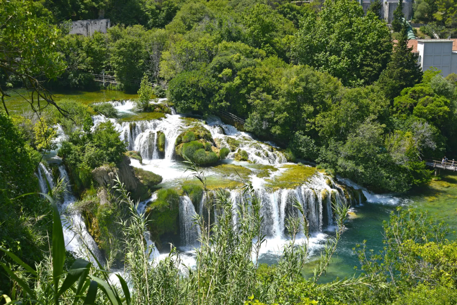 Seen from above, the Krka tumbles over several mossy tufa steps in Krka National Park, with small overgrown islands, surrounded by dense greenery and boardwalks