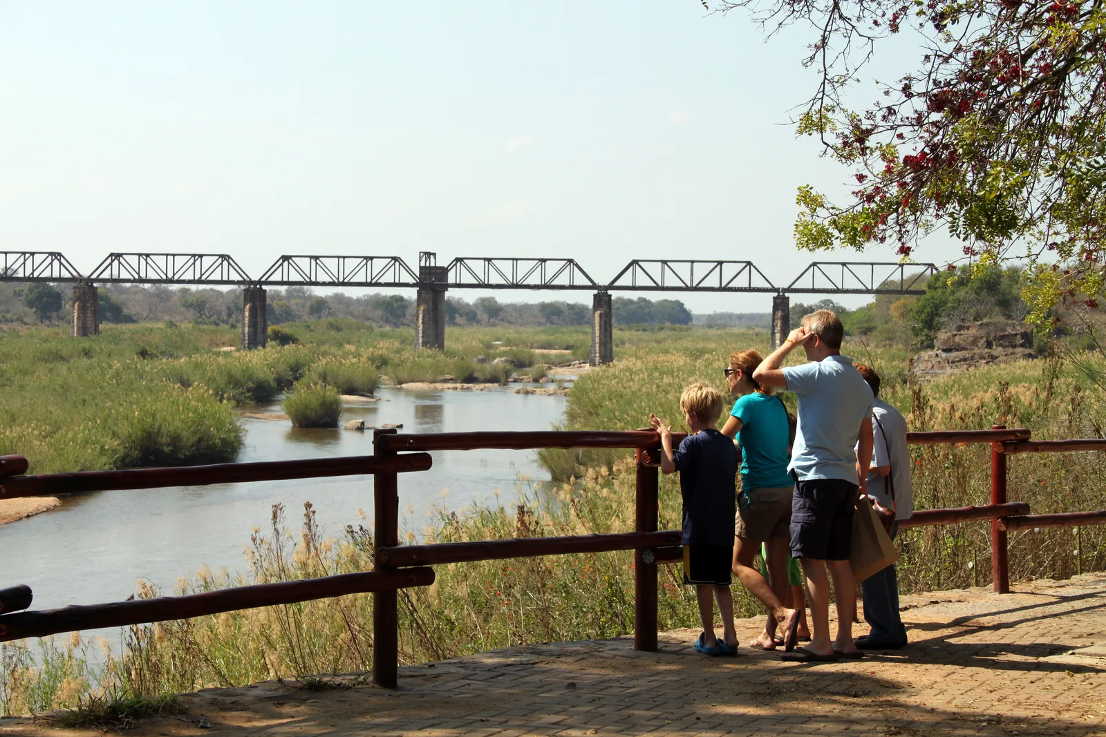 Visitors stand in Kruger National Park at a wooden railing above the Sabie River, with an old steel truss railway bridge in the background