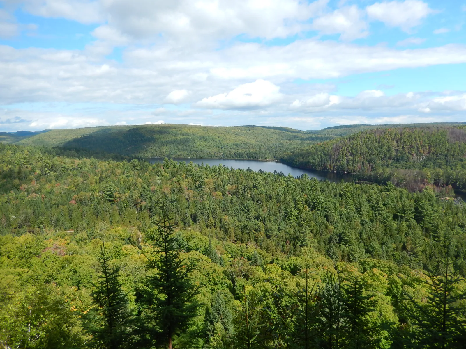 View from the cliff trail in La Mauricie National Park over forested hills to the long Lac Wapizagonke under white clouds