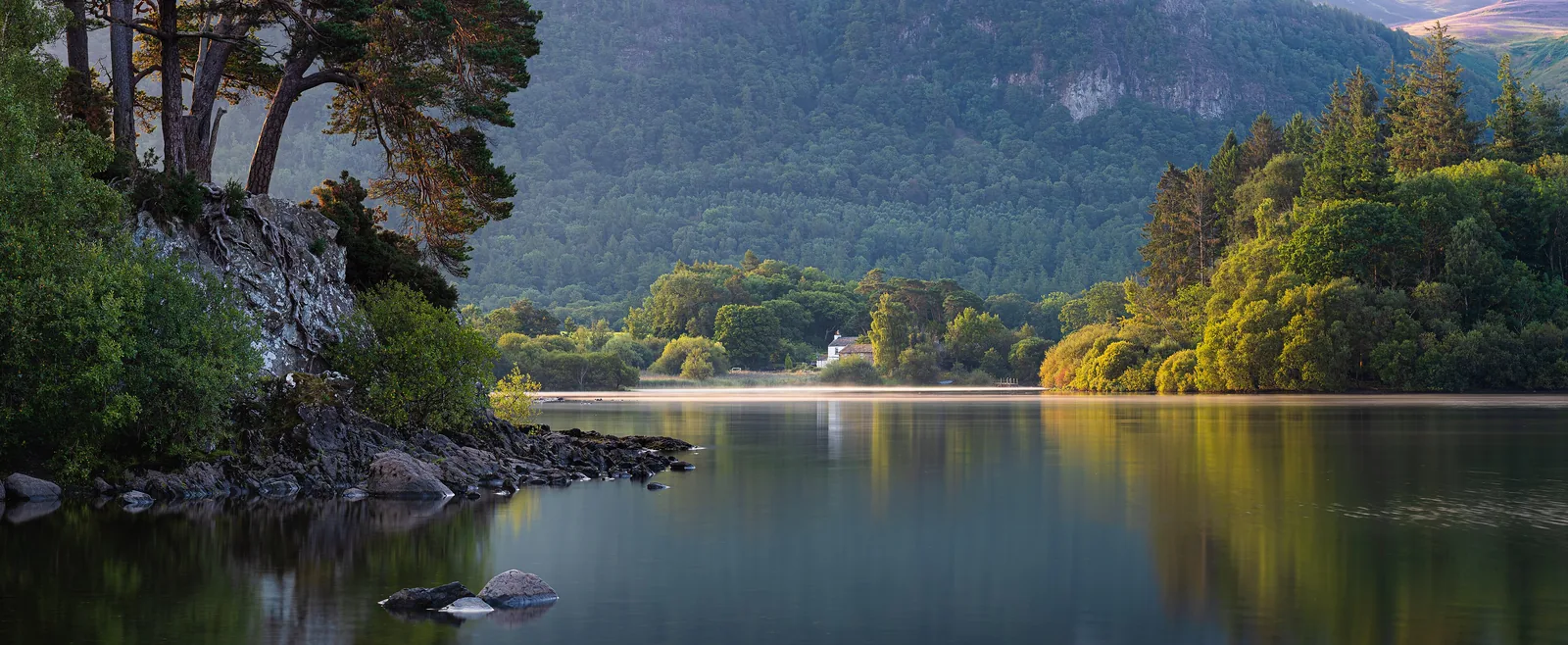 Pines and wooded slopes reflected in calm Derwentwater at Friar’s Crag in the Lake District National Park