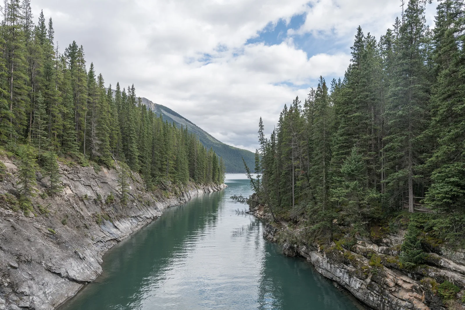 View from the bridge into Stewart Canyon at Lake Minnewanka in Banff National Park: green water between rock walls and spruce.