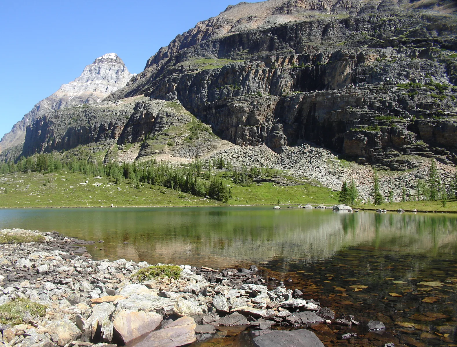 Mountain lake on the Opabin Plateau above Lake O'Hara in Yoho National Park, rock walls and a pointed peak behind.