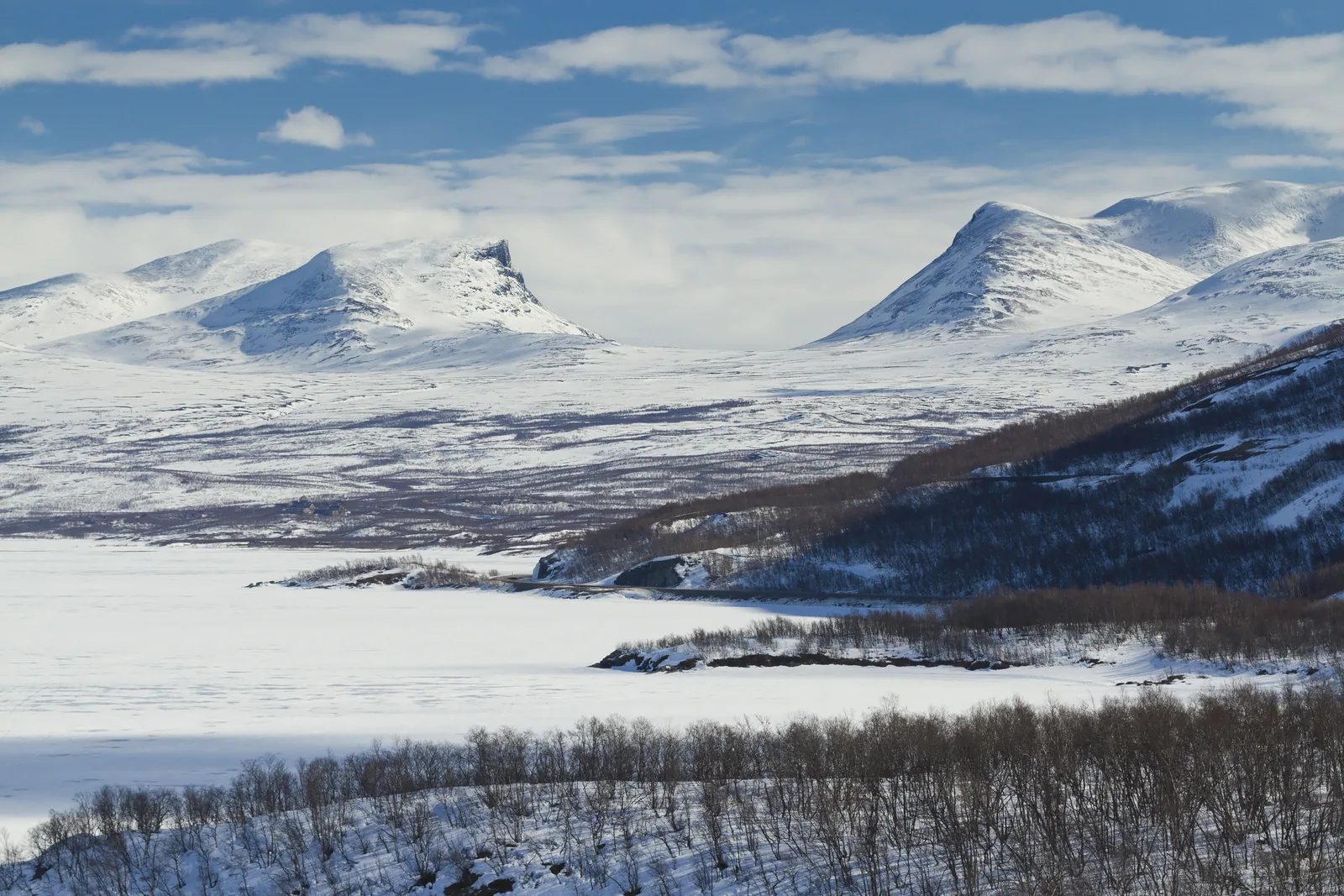 View across frozen Torneträsk to the snow-covered U-shaped valley of Lapporten with its two mountain flanks, birch forest in the foreground