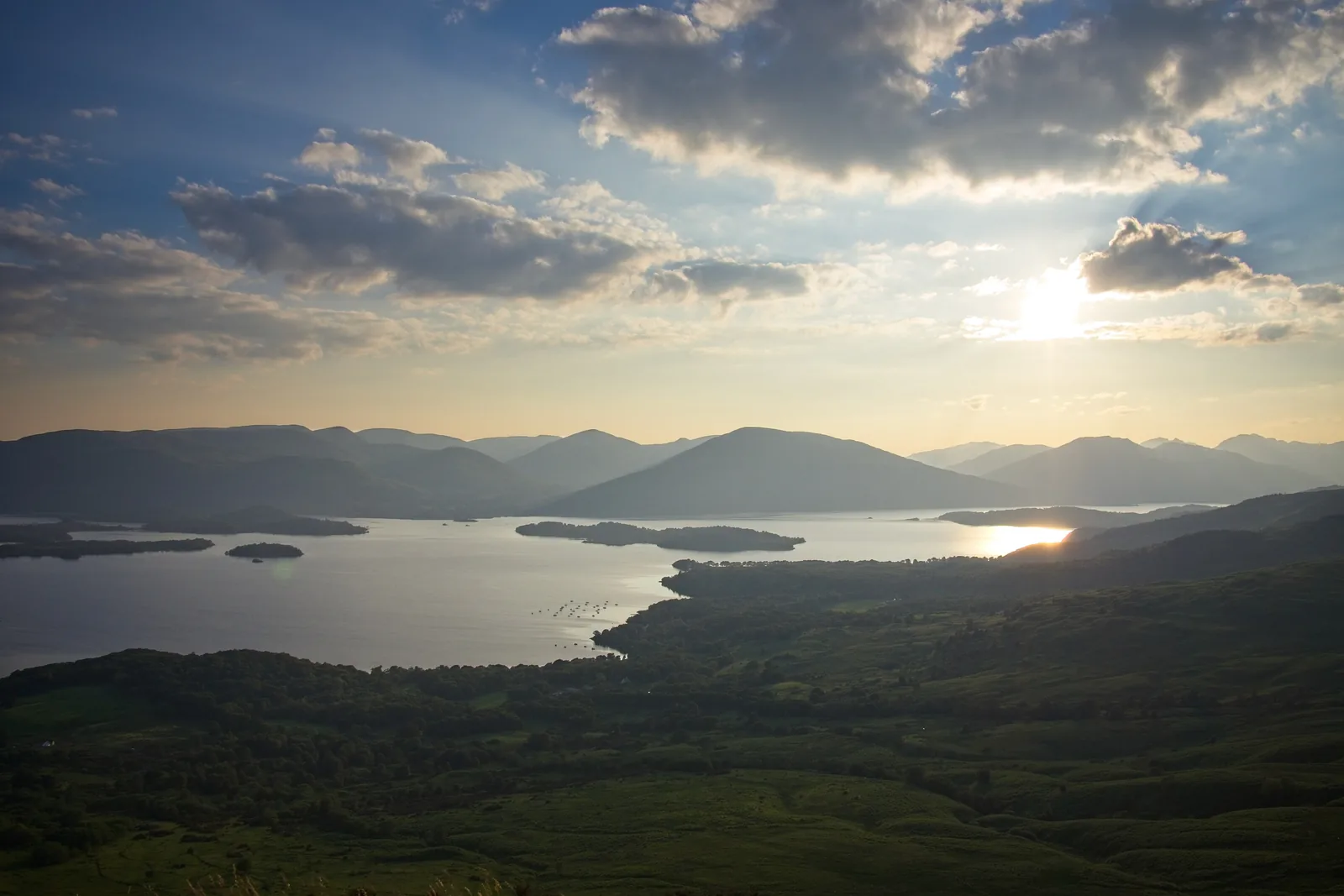 Loch Lomond and its islands in evening light, seen from Conic Hill in Loch Lomond & The Trossachs National Park