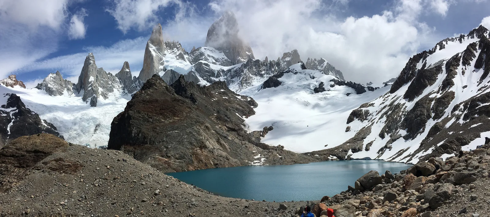 The Fitz Roy massif in Los Glaciares National Park with snowy granite spires above turquoise Laguna de los Tres and Laguna Sucia