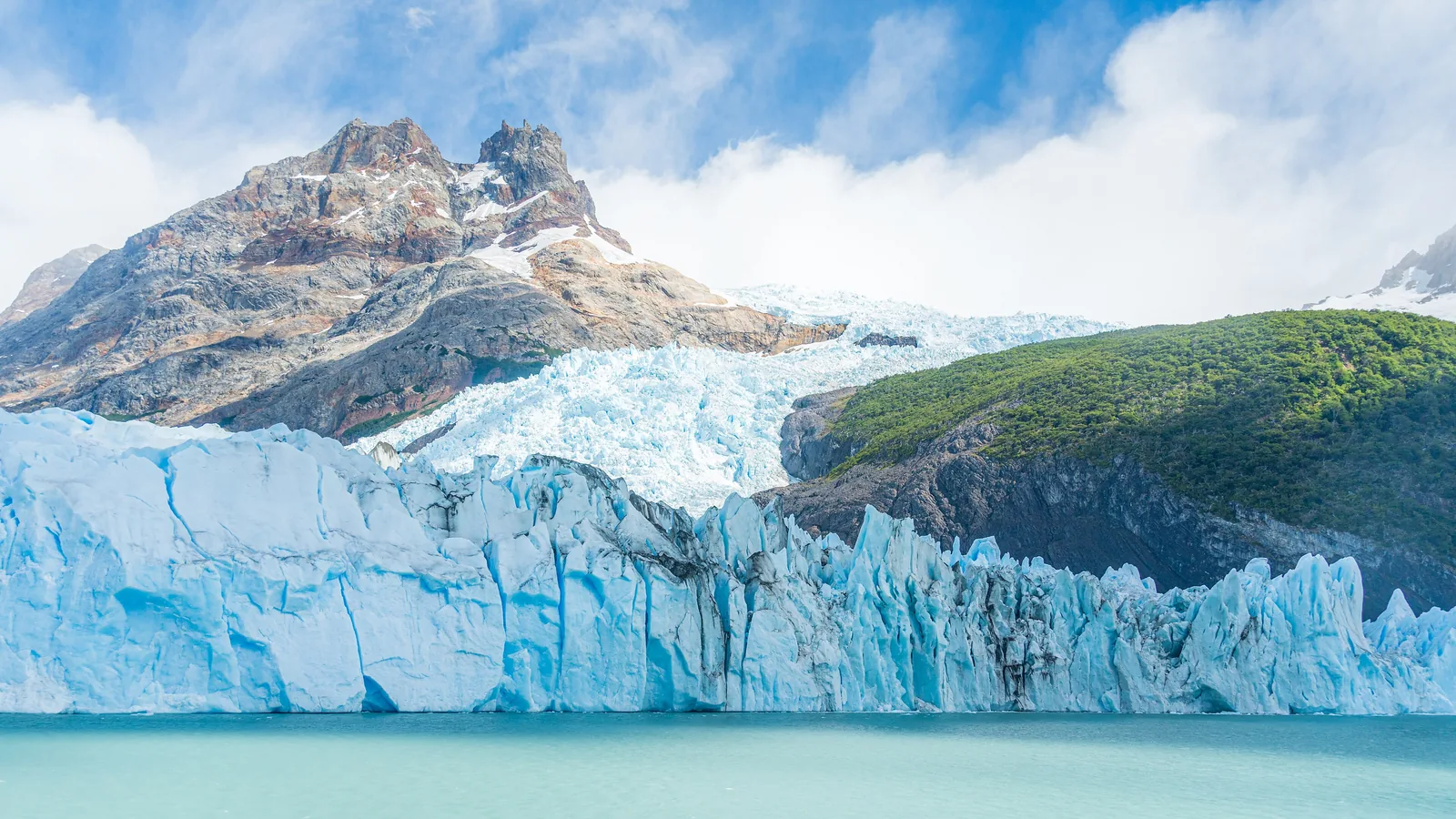 The east face of the Spegazzini Glacier in Los Glaciares National Park, a jagged ice front above turquoise water