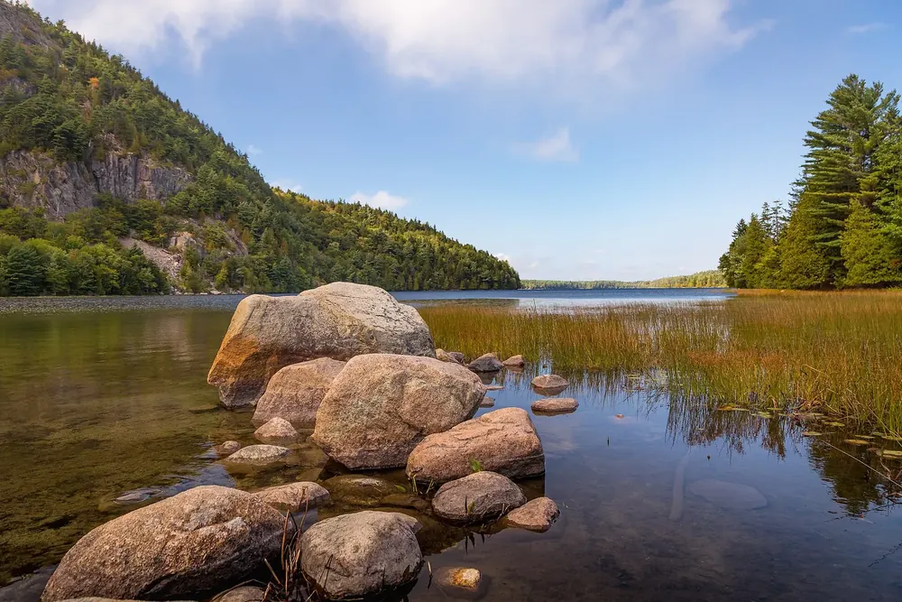 Echo Lake in Acadia National Park, from the swimming beach: granite boulders and reeds in clear water, a wooded rock face on the left