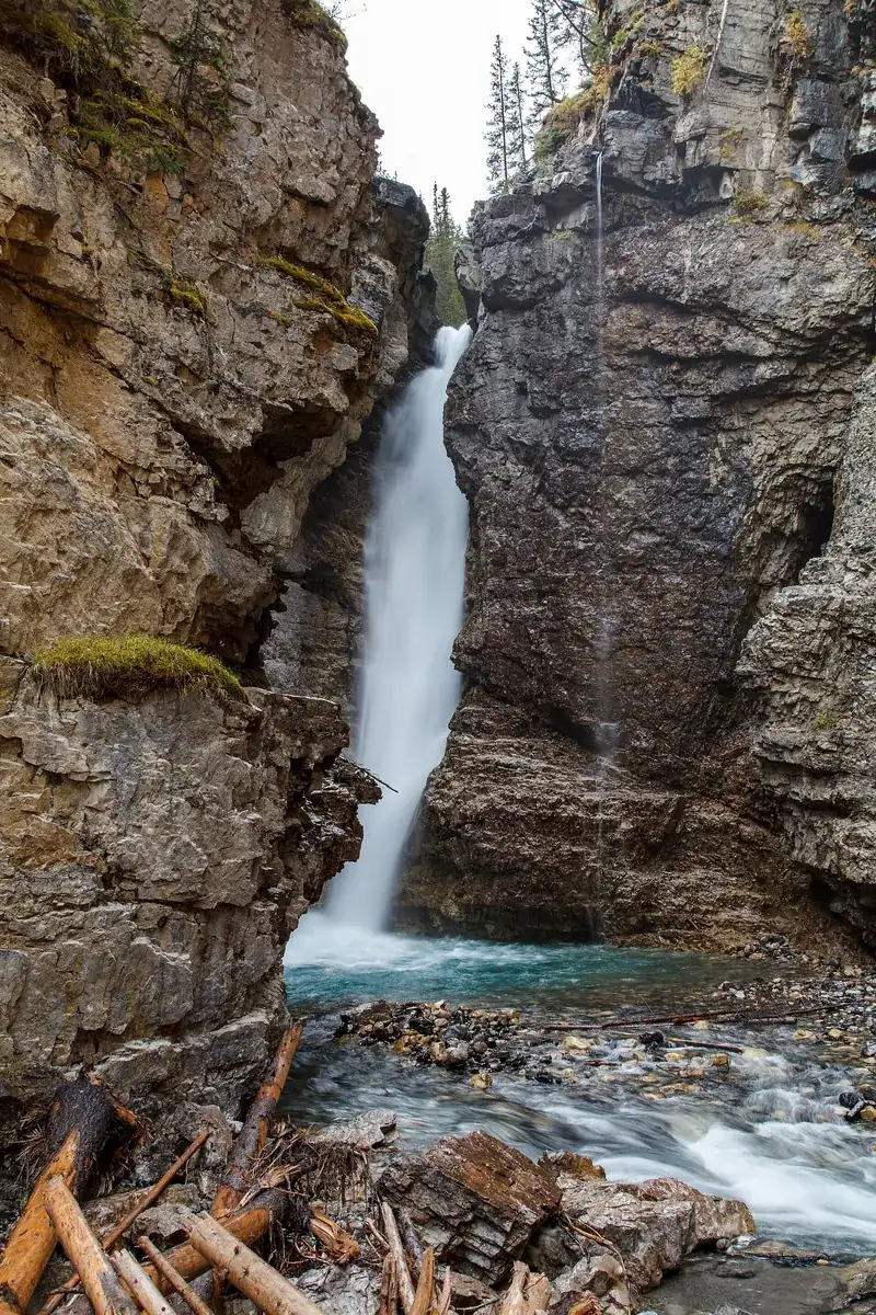 Upper Falls in Johnston Canyon in Banff National Park: a tall waterfall between vertical rock walls, driftwood in the pool below.