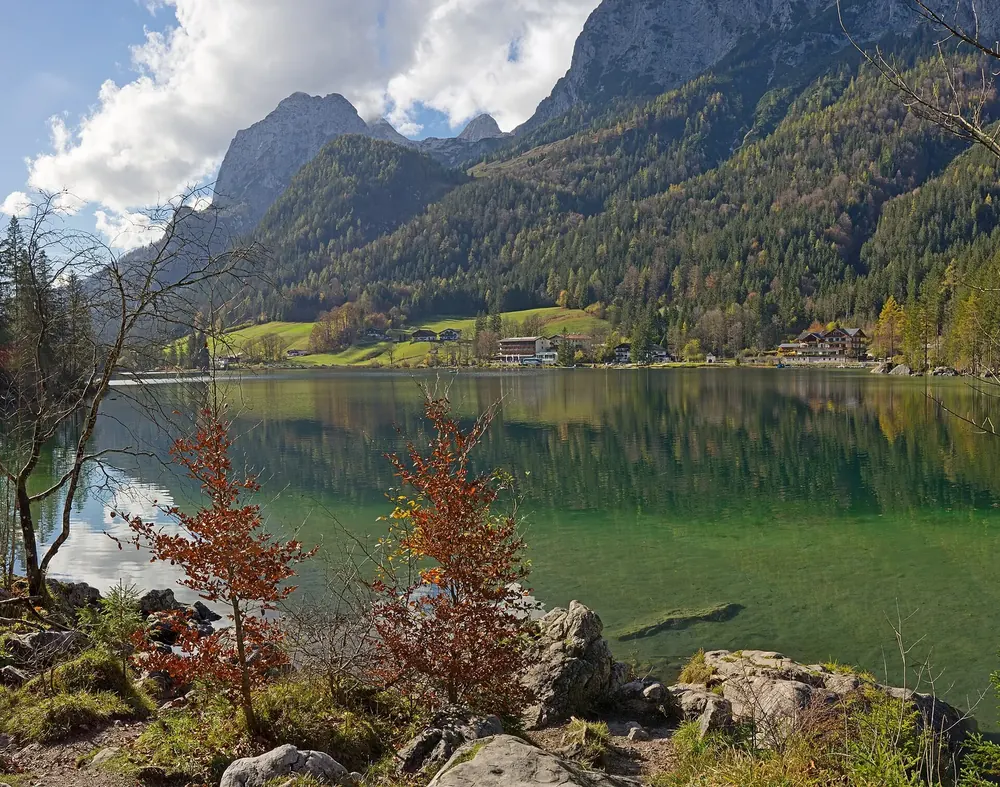 Lake Hintersee with clear green water and autumn leaves on the shore, the rock walls of the Reiter Alpe behind