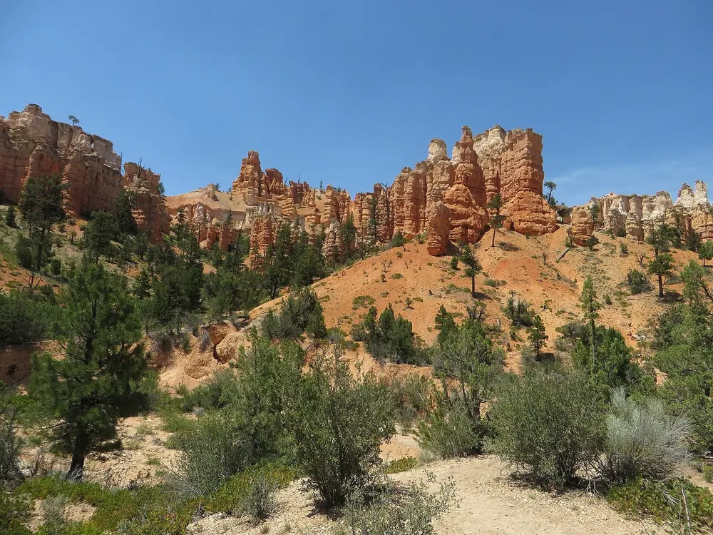 On the Mossy Cave Trail in Bryce Canyon National Park: orange hoodoos and cliffs above a slope with pines and junipers