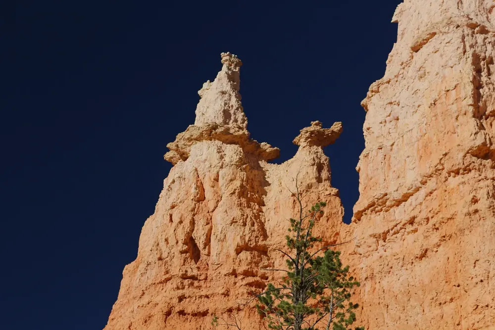 The Queen Victoria rock formation in Queens Garden, Bryce Canyon National Park: an orange hoodoo with a crowned top against a deep blue sky